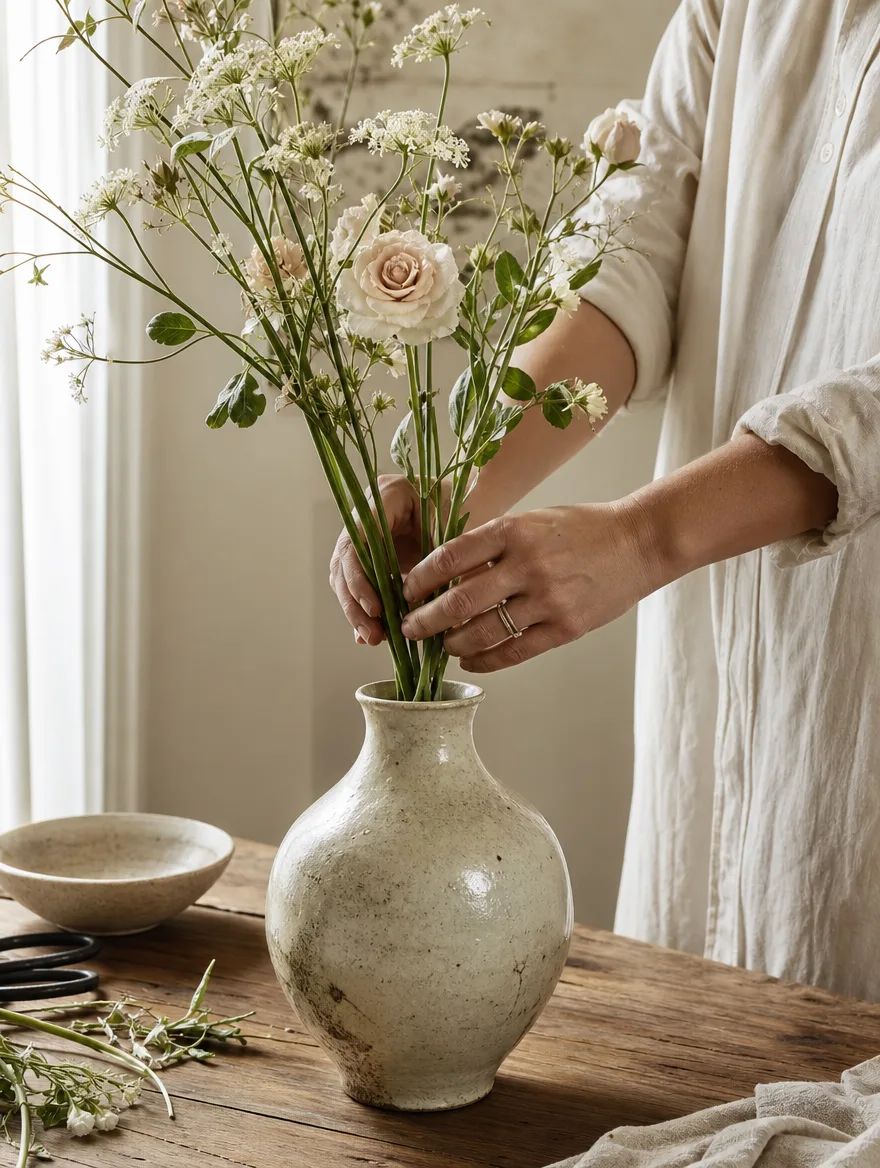 Mãos a arranjar flores num vaso de cerâmica